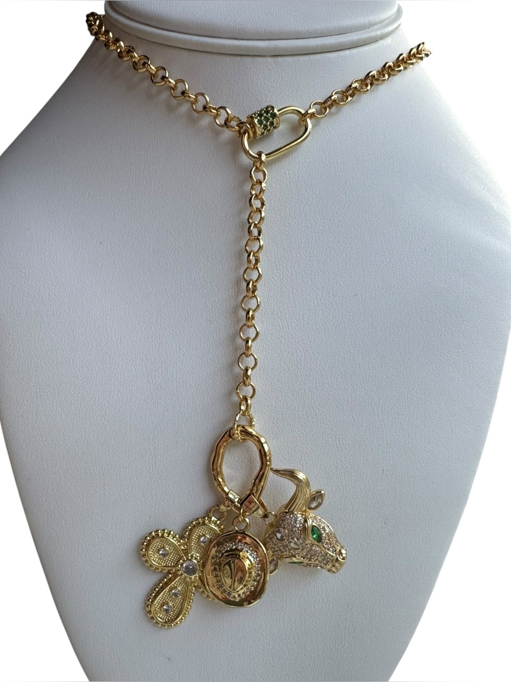Gold Charm Western Lariat Necklace with Green Accent - Women Jewelry - Picture 3 of 4